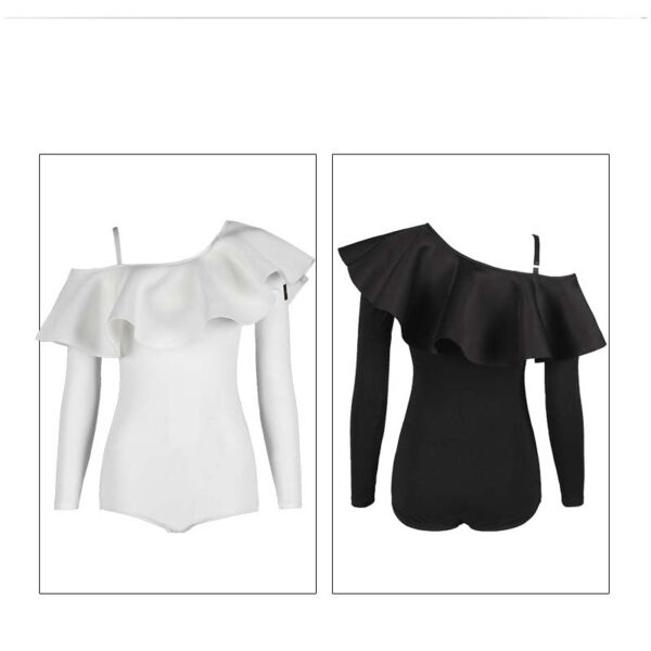 WJJ Ruffled Sloping Shoulder Dance Wear Bodysuit Training Performance Tops - Image 2