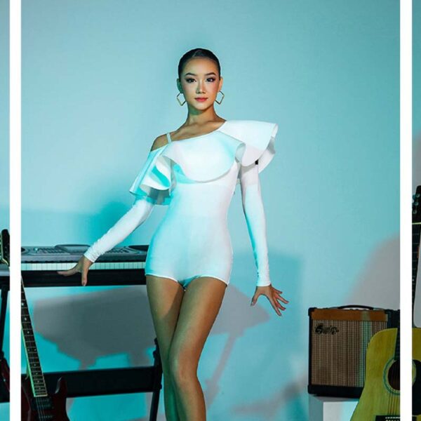WJJ Ruffled Sloping Shoulder Dance Wear Bodysuit Training Performance Tops - Image 3