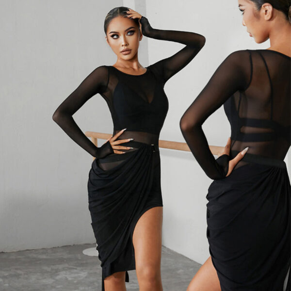 Z Women's Chinlon Splicing Latin Dance Dress Dance Wear Training Performance Dress - Image 7