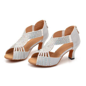 DS Women's Silver Customized Heel Strappy Satin Rhinestones Sandal Bride Dance Shoes