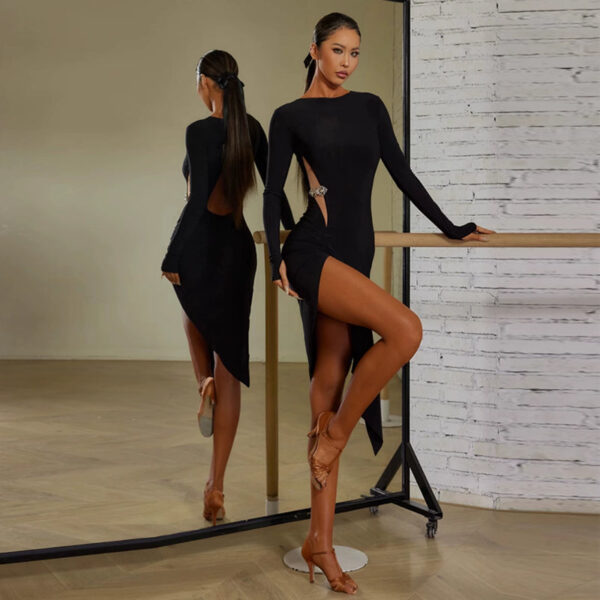Z Women's Black Round Neck Long Sleeve Backless Elegant Dance Dress Dance Wear - Image 3