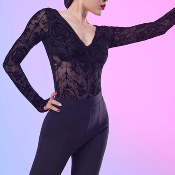CONNY Women's Lace Long Sleeve Latin Dance Top Hollow-out Dance Bodysuit Dance Wear - Image 6