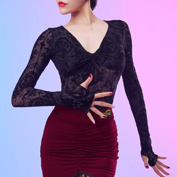 CONNY Women's Lace Long Sleeve Latin Dance Top Hollow-out Dance Bodysuit Dance Wear - Image 7