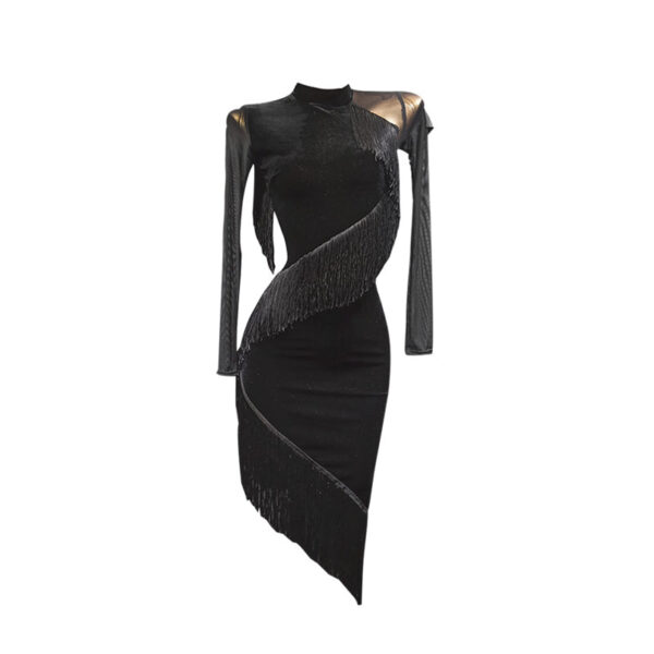 Women's Black Velvet Tassel Latin Dance Dress Dance Wear Training Performance Dress - Image 3