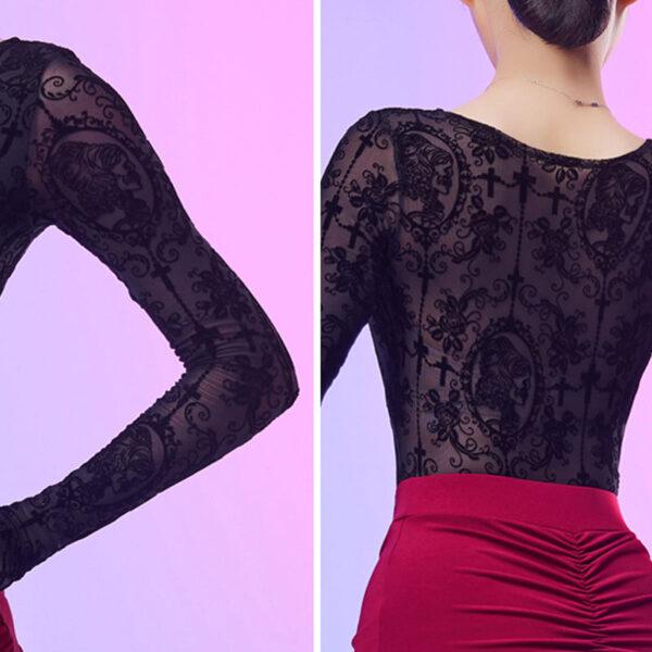 CONNY Women's Lace Long Sleeve Latin Dance Top Hollow-out Dance Bodysuit Dance Wear - Image 4