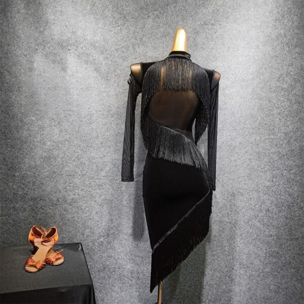 Women's Black Velvet Tassel Latin Dance Dress Dance Wear Training Performance Dress - Image 4